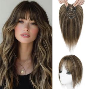 SEIKEA Hair Toppers for Women Real Human Hair, 10" Clip in Bangs Hand-tied Base 1.4 * 2.2inch Natural Realistic with Thinning Hair with Wispy Bangs Chocolate Brown