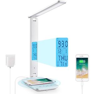 Desk Lamp with Wireless Charger: USB Charging Port, Table Lamp with Clock, Desk Lamps for Home Office College Dorm Room Essentials (White)