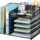 Lavatino Desk Organizer, 5-Tier Metal Mesh Paper Letter Tray with 2 File Holders & 7 Flexible Dividers for Office or Home Desk Organizers and Accessories, Keep Workspace Supplies Neat, Black