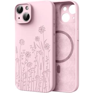 for iPhone 15 Phone Case for Women Compatible with Magsafe, Hard Liquid Silicone Cute Pink Spring Floral Design Shock Proof Heavy-Duty Protection for Women Girls