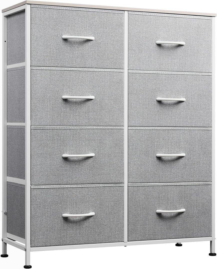 WLIVE Fabric Dresser for Bedroom, Tall Dresser with 8 Drawers, Storage Tower with Fabric Bins, Double Dresser, Chest of Drawers for Closet, Playroom, Dormitory, Light Grey