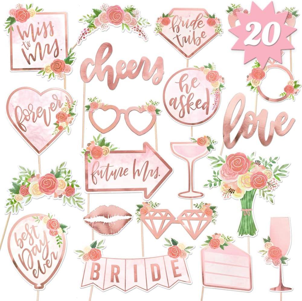 xo, Fetti Bridal Shower, Wedding Photo Booth Props - 20 Pieces, pre-Assembled - Rose Gold Bachelorette Party Decorations, Bride to Be, Miss to Mrs