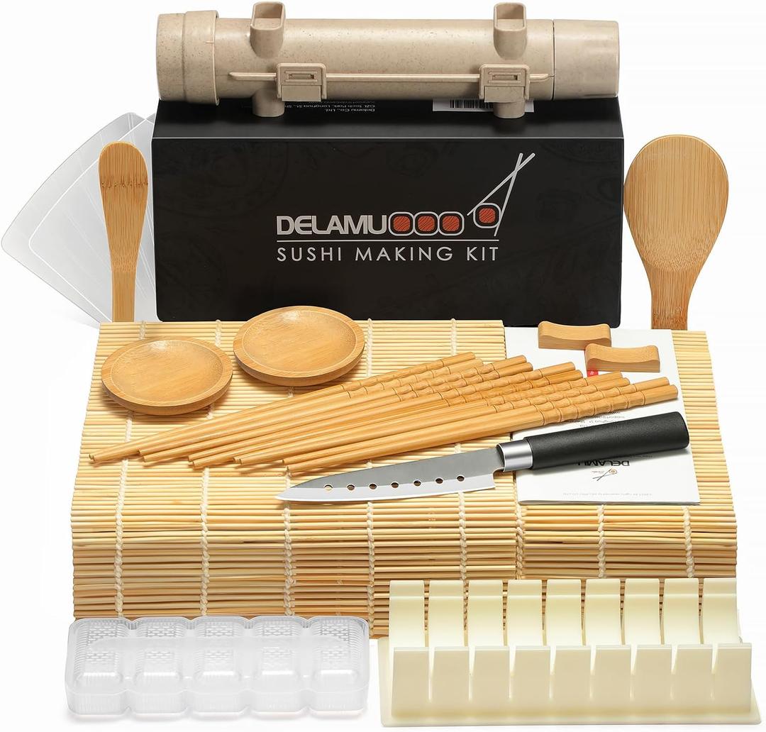 Delamu Sushi Making Kit, 20 in 1 Bazooka Roller Kit with Chefs Knife, Bamboo Mats, Rice Mold, Temaki Sushi Mats, Rice Paddle, Spreader, Chopsticks, Sauce Dishes, Guide Book