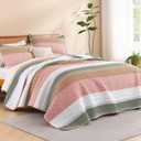 Litanika Quilt Queen Size Pink, Green and White, Orange Stripe Patchwork Summer Bedspread Coverlet 3 Pieces, Soft Lightweight Polyester Comforter Bedding Set for All Season(1 Quilt, 2 Pillowcases)