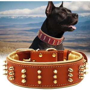Spiked Leather Dog Collar  Premium Handmade Genuine Leather, 2.2-Inch Wide, Bold Protection and Stylish Design, Ideal for Powerful Breeds- Fiery Orange 18.5-22.5 inches