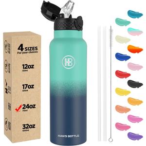 Han's Bottle Sports Water Bottle - 24 Oz, Straw Lid, Leak Proof, Vacuum Insulated Stainless Steel, Double Walled, Thermo Mug,Gradient Blue