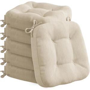Codi 6 Pack Dining Chair Cushions, Thick Chairs Pads for Indoor Kitchen Room - Washable, Non-Slip Seat Cushion with Ties, 16.5"x16.5"x 3.5", Set of 6, Beige