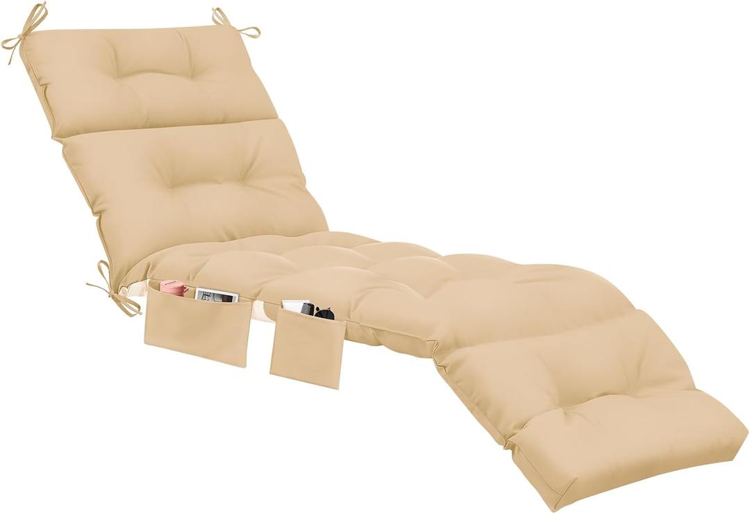 Kigley Outdoor Chaise Lounge Cushions with 3 Side Pocket 74.5 x 22 x 4.7 Inch Patio Chaise Lounge Cushion, Water-Repellent and Fade-Resistant Tufted Summer Replacement(1 Pcs,Beige,Solid Color)