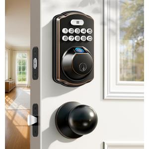 Veise Fingerprint Door Lock with 2 Knobs - Keyless Entry Door Lock with Handle, Electronic Keypad Deadbolt, Smart Front Handle Set, Auto-Locking, Waterproof, Easy Installation, Oil-Rubbed Bronze