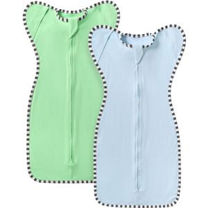 Transition Swaddle, 2 Pack 100% Cotton Baby Sleep Sack, 2-Way Zipper Infant Arm Up Swaddle for Newborn Baby Boys Girls (Blue + Green, S(0-3 Months))
