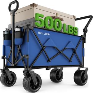 BEAU JARDIN Folding Push & Pull Beach Wagon 500 lbs Collapsible Foldable Wagons with Push Handle All Terrain Wheels Grocery Utility Camping Sports Garden Wagon Cart Blue
