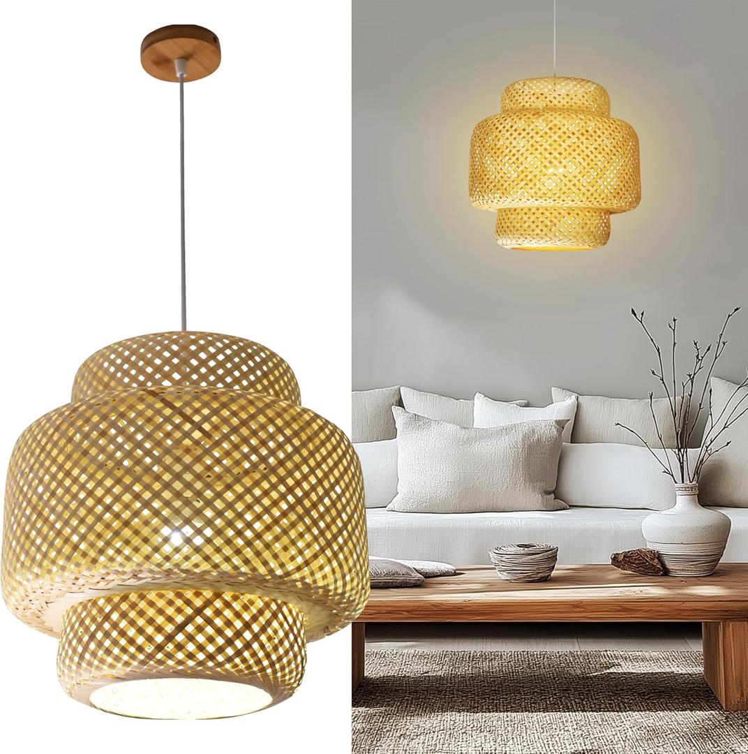 Hand Woven Rattan Lamp Shade - Bamboo Pendant Lights - Elegant Hanging Light Chandelier - Natural Boho Lighting Fixture - Dome Lamp Shade for Kitchen Island, Dining and Living Room - 14.96x15.71''