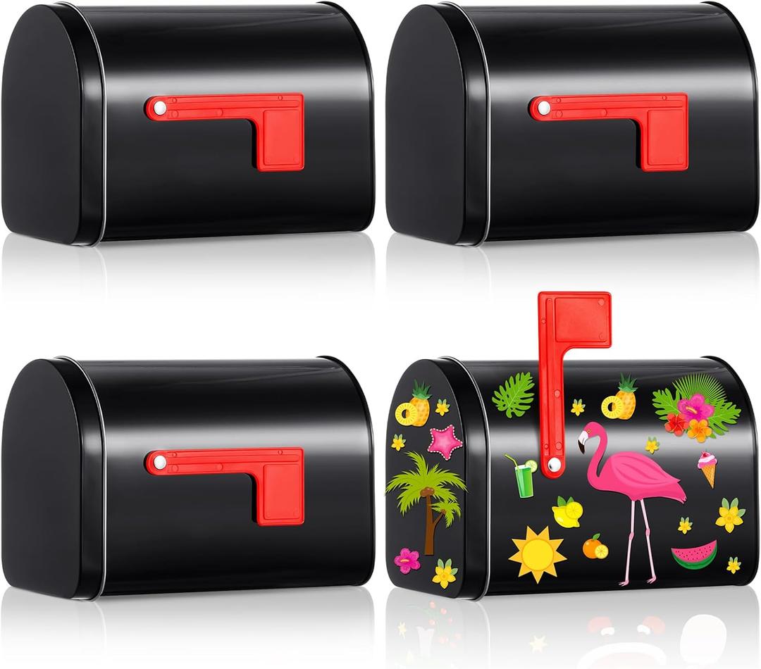 Lounsweer 4 Pcs Mini Tinplate Mailbox Toy Small Toy Mailbox with Raised Signal Flags Post Mount for Boys and Girls Valentine's Day DIY Projects for Exchange Activities (Black)