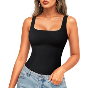 LODAY Compression Tank Tops for Women Shapewear Tummy Control Body Shaper Square Neck Camisole Tops (Small, Black)