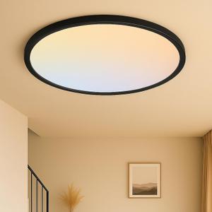 MOONSEA 24 Inch Flush Mount Ceiling Light Fixture 48W - 3000K/4500K/6000K Adjustable Round Large Kitchen Light Fixtures Ceiling 4800lm, Dimmable Light Fixtures for Bedroom, Black