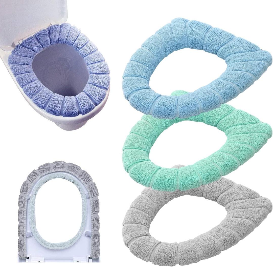 Bathroom Soft Thicker Warmer Stretchable Washable Cloth Toilet Seat Cover Pads 3PCS (3color)