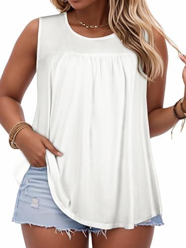 Women Plus Size Tank Top Casual Summer Tops Loose Fit Sleeveless T Shirts Trendy Crewneck Tunic Tees (White,XL)