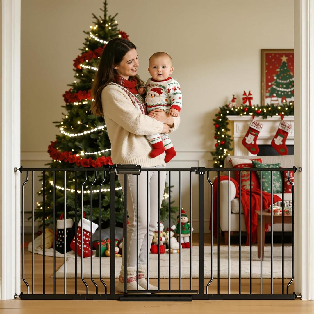 TSAYAWA 62.2"-71.65" Extra Wide Auto Closing Baby Safety Gate for Stairs & Doorways, Pressure Mounted No Drill Pet Gate with Walk-Through Door - Heavy Duty Childproof Gate for Toddlers, Kids, Dogs (Black)
