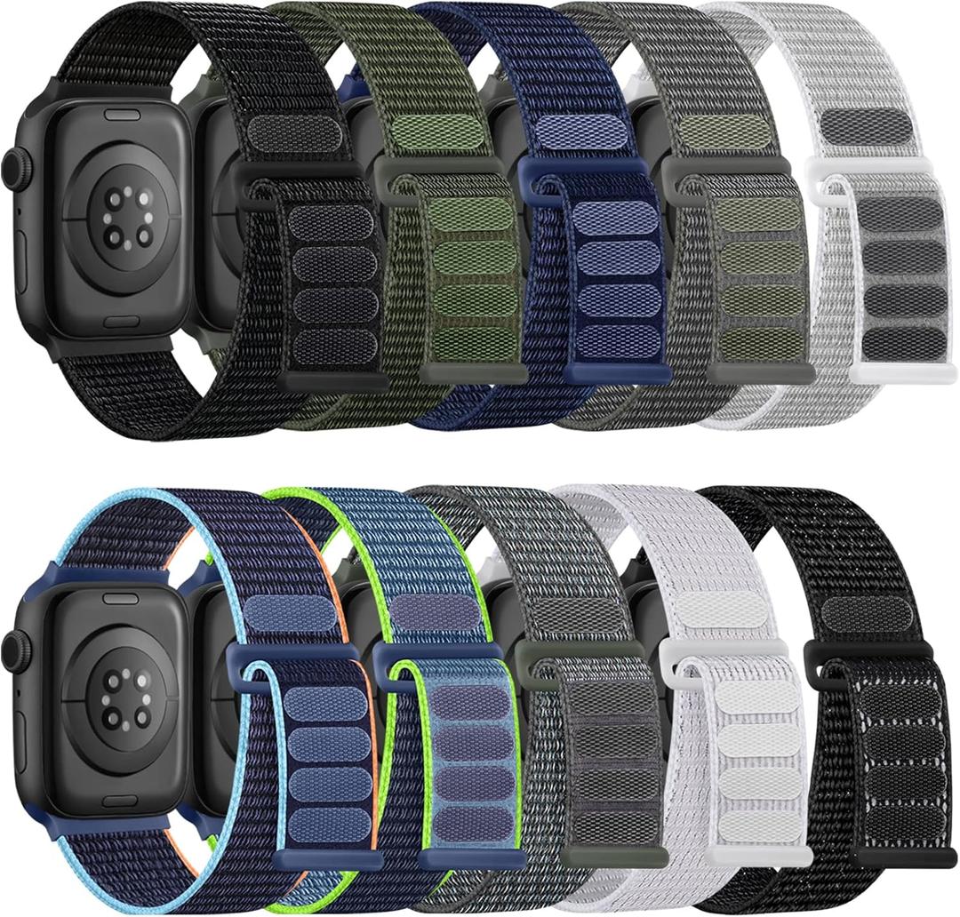 Lenrao 10 Pack Soft Nylon Bands Compatible with Apple Watch for Women Men 38mm 40mm 41mm 42mm 44mm 45mm 49mm, Stretchy Braided Solo Loop Strap for iWatch Series 11/10/9/8/7/6/5/4/3/2/1 Ultra SE 3/2/1 (Dark Black/Army Green/Navy Blue/Space Gray/Seashell/Navy Blue Orange/Navy Blue Green/Storm Gray/Bright White/Rcflcctor Black)