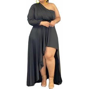Ekaliy Women's Plus Size One Shoulder Maxi Dress Long Sleeve High Low Irregular Hem Flowy Long Party Cocktail Dress, 2XL