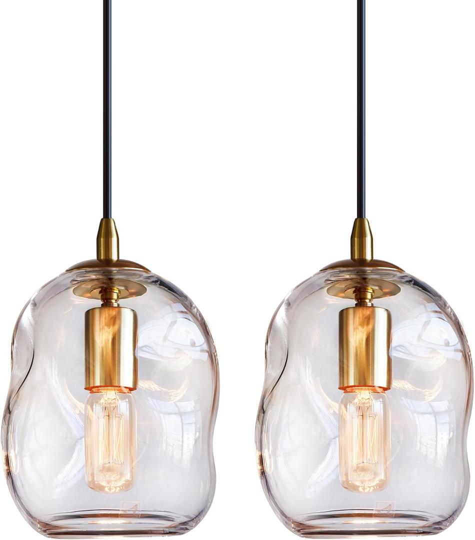CASAMOTION Pendant Lights Kitchen Island 2 Pack Modern Contemporary Clear Glass Organic Globe Brass Gold Hanging Light Adjustable Cord Bedroom Dining Table Small Medium Lamp 8 Inch Height