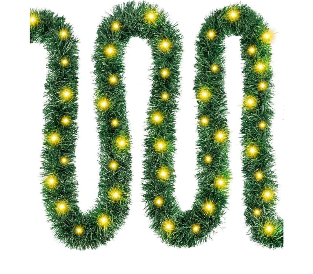 39.4FT Prelit Christmas Garland with Lights, 150 Warm Artificial Lighted Tinsel Pine Garlands for Decoration Christmas Xmas Winter Garland for Mantle Door Stairs Party Indoor Outdoor Home Decor