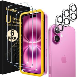 ivoler 3+3 Pack Tempered Glass for iPhone 16 Plus 6.7" Screen Protector with Camera Lens Protector with [Alignment Frame], Anti-Scratch Case Friendly Transparent HD Clear Film