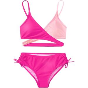 MIENOE Teen Girls Two-Piece Bikini Swimsuits | Removable Chest Pad Nylon Swimwear Kids Size 6-17 Years (Rose/Pink - Cross Style)