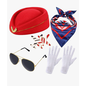Bencailor 7 Pcs Christmas Women Flight Attendant Costume Accessories Stewardess Outfits Bellhop Hat Scarf Sunglasses Gloves