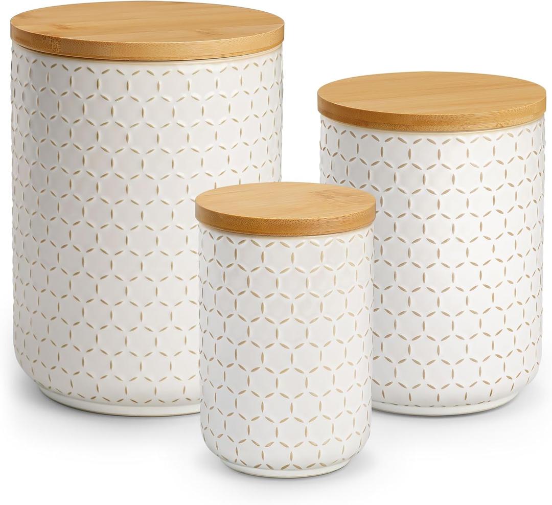 MALACASA LYDIA Ceramic Canisters Set with Airtight Lids, 80/40/20 oz Coffee Canisters Sets for the Kitchen, Large Jars for Flour, Sugar, Pasta, Coffee, Cookies, Tea - Set of 3, Hexagon (White)