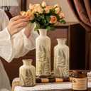 Ceramic Vase Set of 3, Vintage Green Floral Beige Vases, Rustic Chinoiserie Decorative Vases for Home Decor, Living Room, Kitchen, Wedding Gifts, Shelf Decor, Farmhouse Ceramic Vases for Home Decor