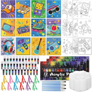 Sherr 108 Pcs 12 Set Retro Time Sip and Paint Kit for Adults 8''x10'' Pre Drawn Canvas to Paint DIY Acrylic Painting Kit Pre Printed Canvas for Date Night Mother's Day Party Team Building