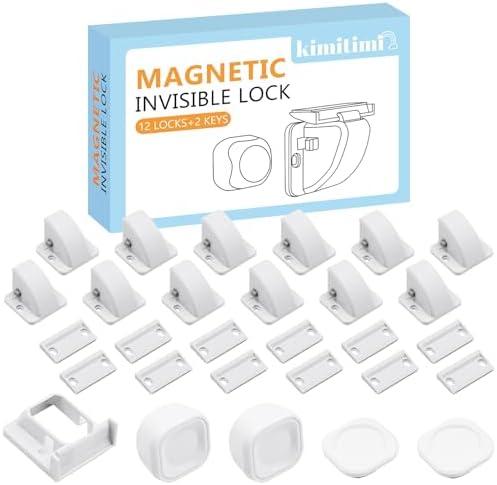 kimitimi Magnetic Cabinet Locks Baby Proofing - Child Safety Cabinet Latch Locks with Adhesive, No Drill or Tools Installation, for Cabinets Drawers Doors - 12 Packs