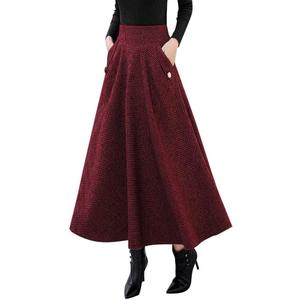 IDEALSANXUN Women’s Fall Winter High Waisted Wool Plaid A-line Long Skirt (Red, L)