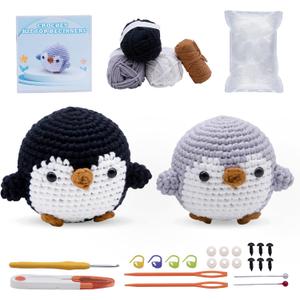 EOKPHULL Crochet Kit for Beginners, Easy Crochet Animal Set Knitting Kit for Adults with Step-by-Step Video Tutorials and Paper Instructions (Black and Grey Penguin)