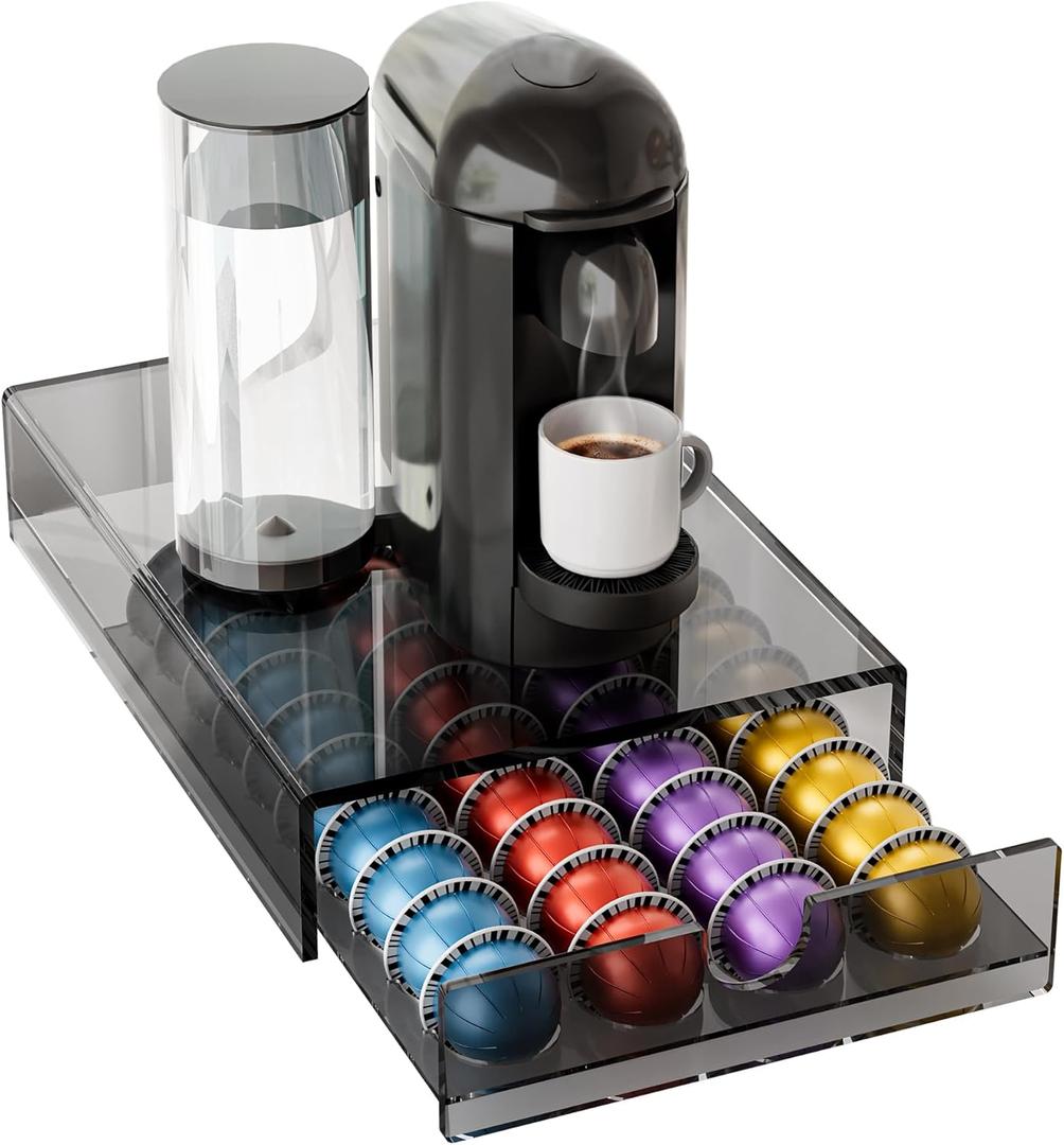 Acrylic Coffee Pod Organizer for Nespresso Vertuo Pod Holder 40 Pods Clear Vertuo Pod Storage Drawer (1 Tier) (Transparent Black)