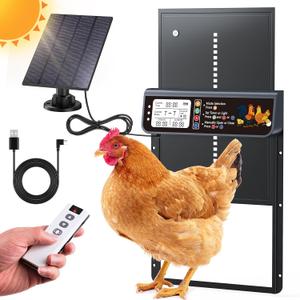 Automatic Chicken Coop Door Solar Powered, LCD Display Automatic Chicken Door with Timer & Light Sensor, Solar Chicken Coop Door with Remote Control & Anti-pinch Function, Al-alloy Chicken Door (Black)
