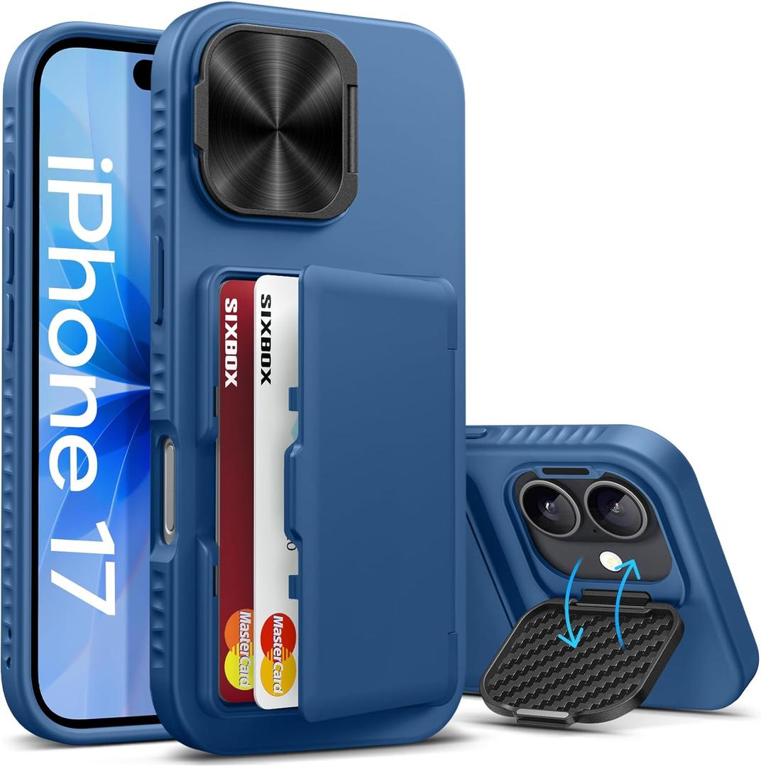 for iPhone 17 Case with Card Holder, Built-in Stand & Camera Lens Cover, Shockproof Rugged Silicone Bumper Raised Edge Protective Wallet Phone Case for iPhone 17 6.3" 2025, Blue