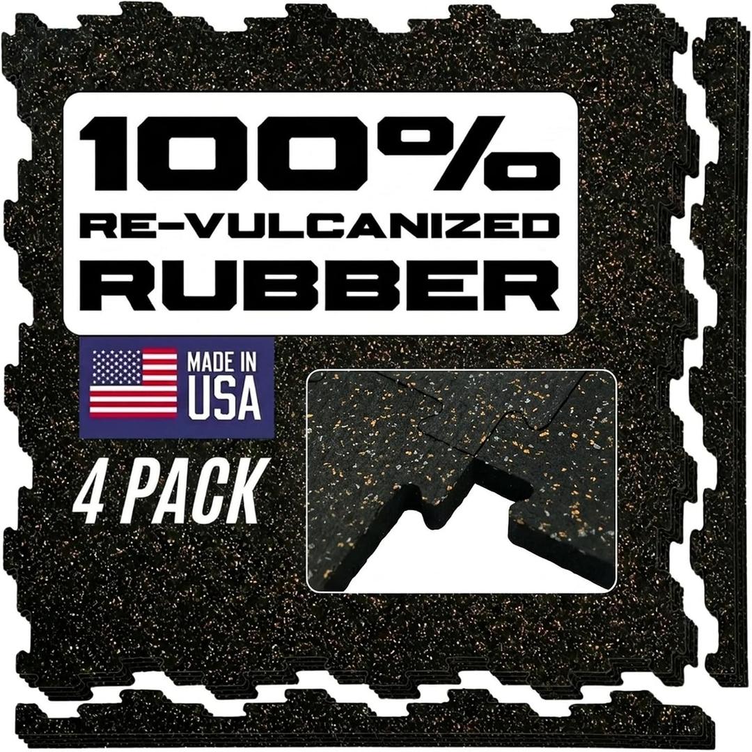 Interlocking Rubber Floor Tiles – Heavy Duty 100% Rubber Gym Flooring for Home Gym, Garage, Workout Room, Equipment Mats, Indoor/Outdoor Mats, Gray Fleck 4-Pack (4, Tan/Grey, 22.5" x 22.5")