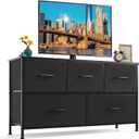 5-Drawer Dresser for Bedroom, Anti-Tip Wide Storage Organizer Fabric Chest of Drawers TV Stand for 45" TV with Wooden Top and Metal Frame for Closet, Living Room, Hallway, Entryway, Black, 11.8"D x 39.4"W x 20.9"H
