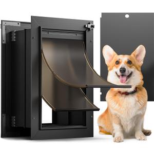 Doggy Door, All Aluminum Dog Door for Wall, Medium Doggie Pet Door, with Closing Panel, 2 Magnetic Flaps Energy Efficient, Wide Telescoping Tunnel for Interior & Exterior Walls, Pet Up to 45Lbs Black