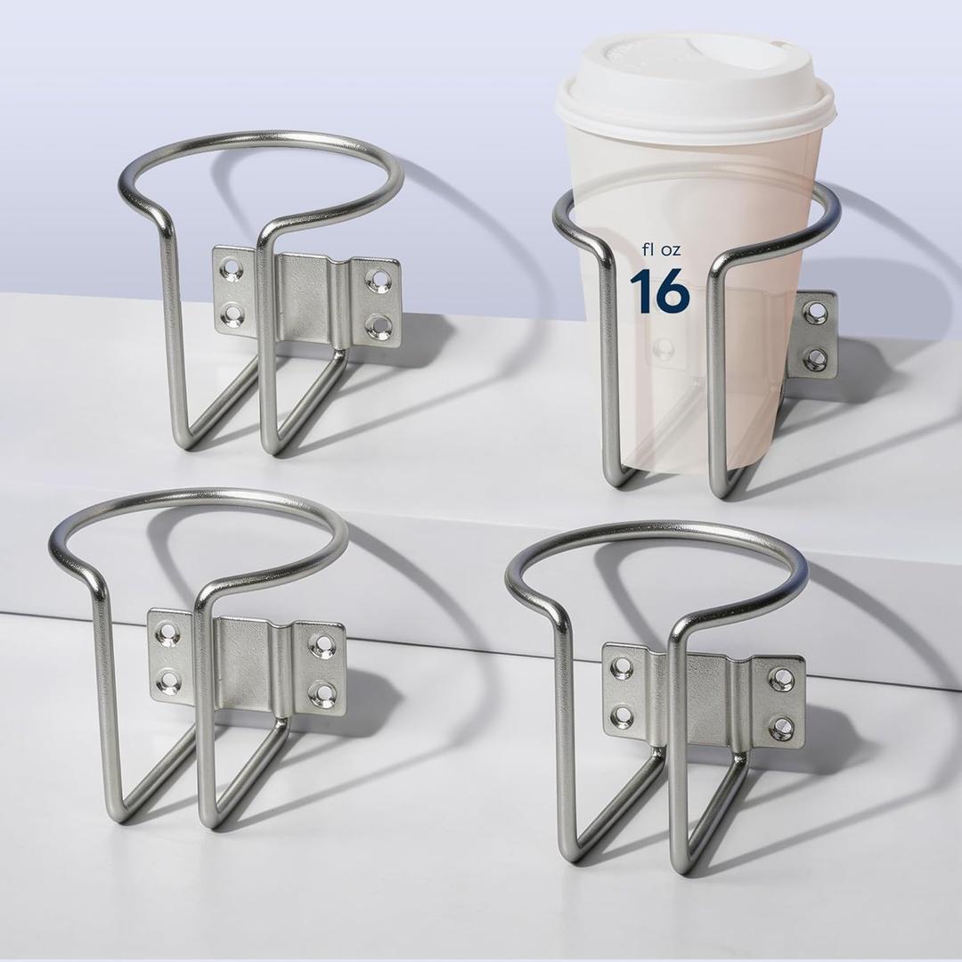 4 PCS Boat Cup Holder,Premium Wall Mounted Stainless Steel Holders for Beverage Bottles Cans Mugs,Cup Holders for RV Yacht (4 Pack Bas Silver)