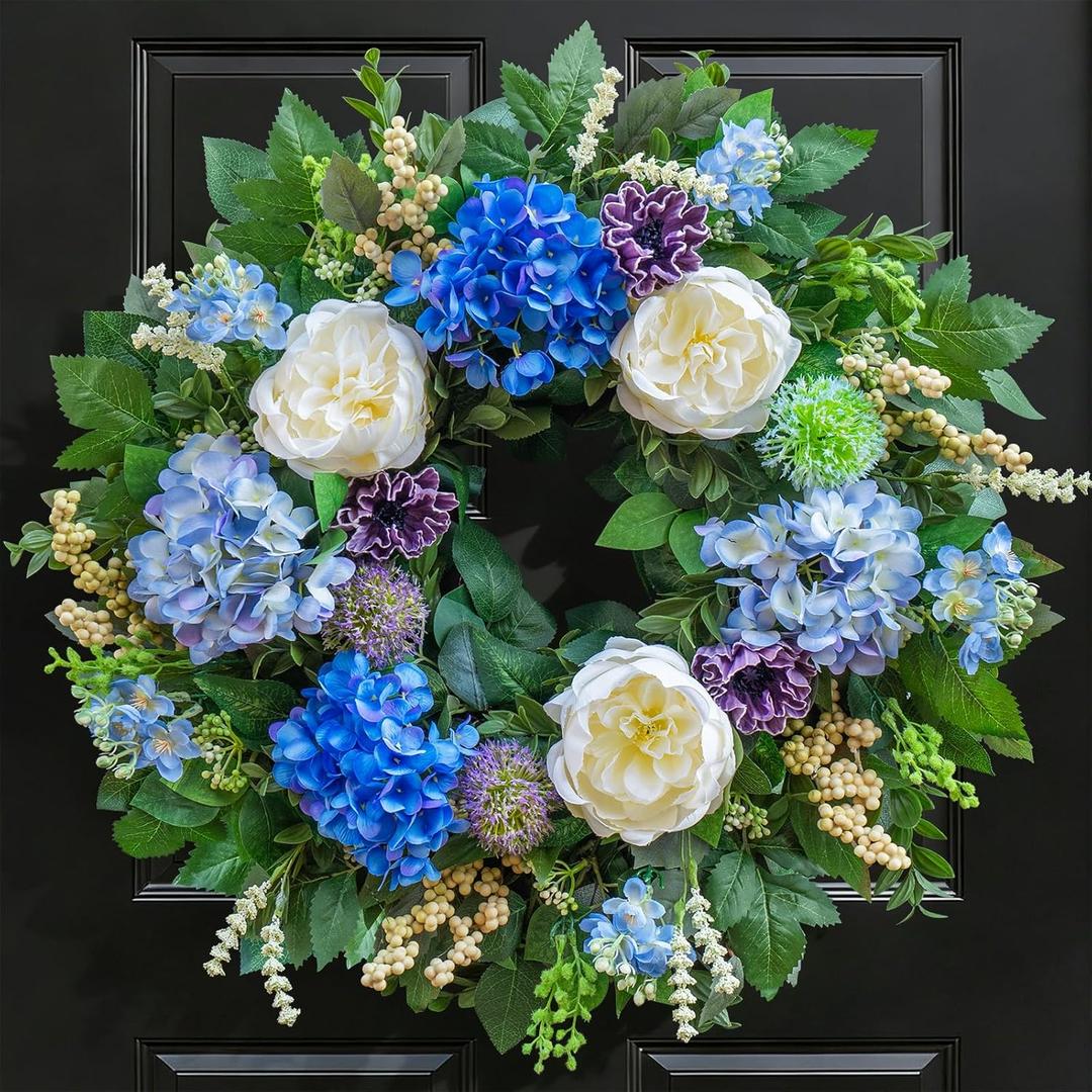 26 Inch Spring Wreaths for Front Door Outside Large Artificial Summer Wreath with Blue Hydrangea, White Peony Flowers and Eucalyptus Leaves Indoor Outdoor Porch Farmhouse Home Wall Décor