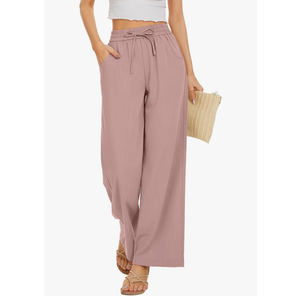 KICZOY Women Summer Pants Flowy Pants Drawstring Waist Wide Leg Palazzo Beach Pants Loose Fit with Pockets Pink, Large