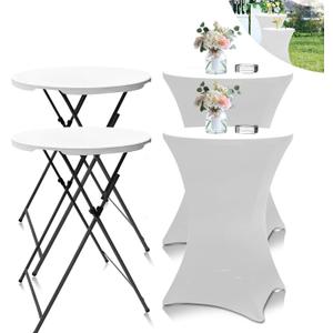 2Sets 32in Hightop Folding Cocktail Tables+Covers, White-Spandex Stretch Folding Bar Table Covers, Removable Legs Bar Height Folding Table Outdoor Indoor Use (2+2White/2Covers+2Tables)