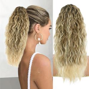 Ponytail Extension, Claw Clip on Pony tails Hair Extension for Women 18 Inch Long Wavy Curly Fake Ponytail Clip in Hair Pieces for Women Fluffy Natural Looking (Ombre Brown To Blonde, 18 Inch)
