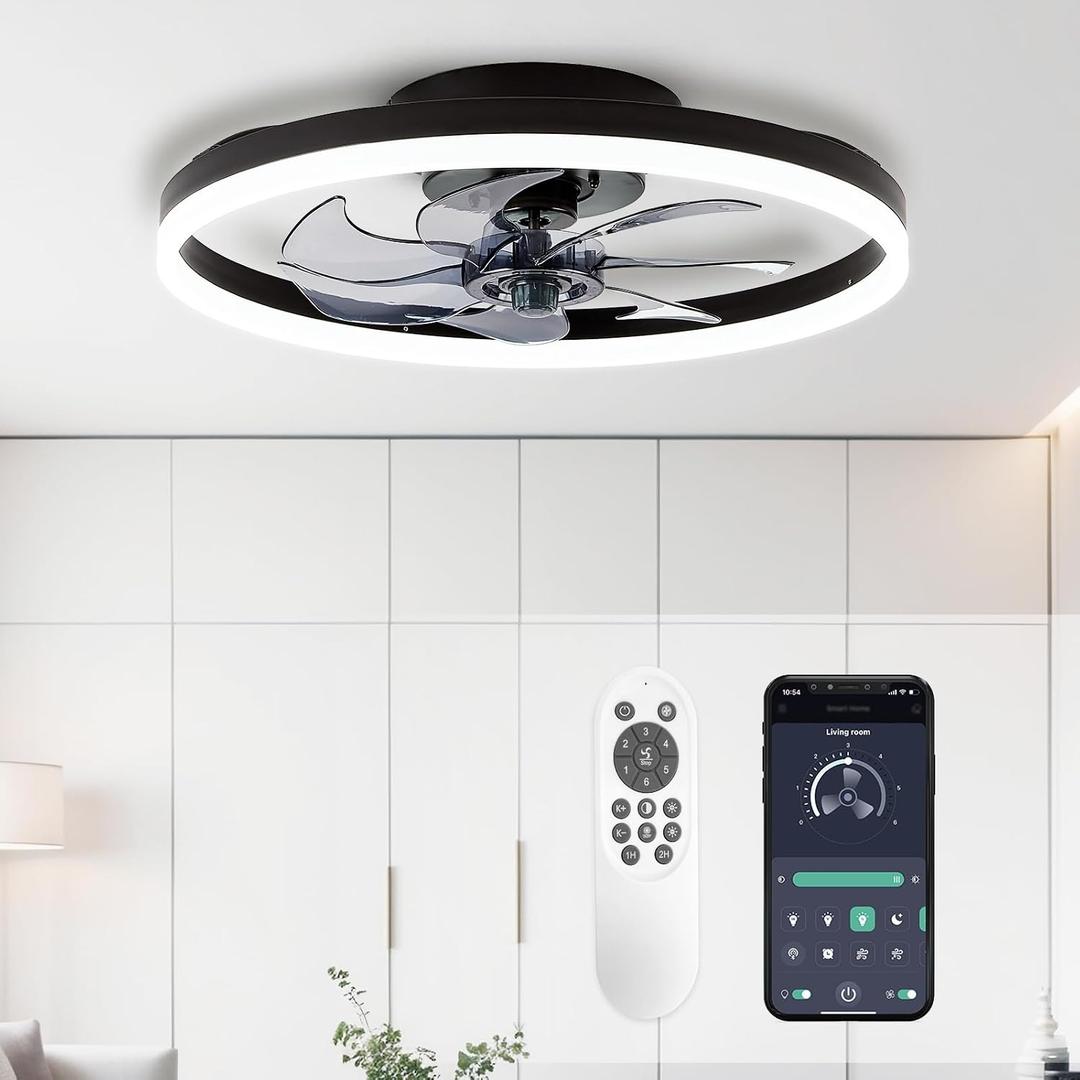 STERREN 20'' Modern Low Profile Ceiling Fan with Light, Bedroom LED Ceiling Fan with Remote Control, Bladeless Flush Mount Black Fan Lights Ceiling Fixtures for Living Room,Small Room, 19.7 inch