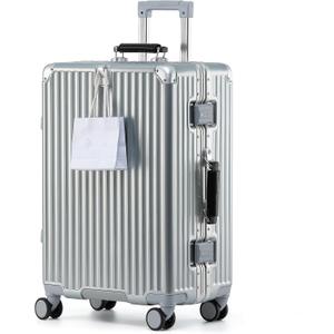 HotWay 26 Inch Checked Luggage with Leather Handle,Silver | Checked Luggage,Zipperless,Hardside,Leather Handle,8 Spinner Wheels,TSA Locks,For Long Trip,Silver