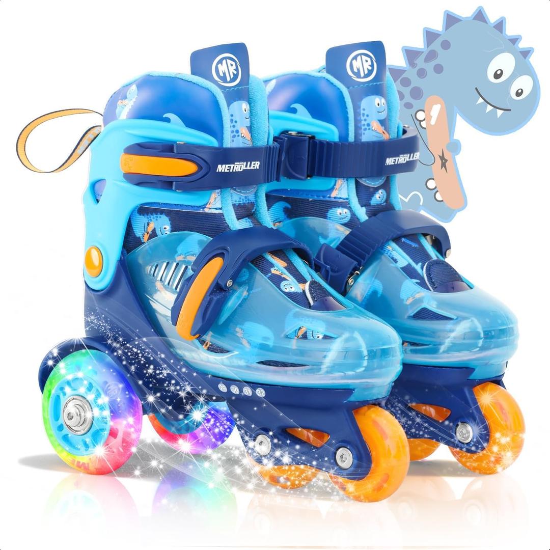 METROLLER Adjustable Boys Balance Roller Skates for Toddler Ages 3-6 Rainbow Unicorn Dinosaurs Illuminating Rollerskates for Girls Kids Three Line Wheels Suitable for Beginners, Size: S Little Kids(11-1)[6.8"--7.8"]