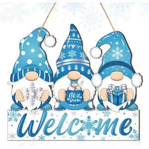 Panelee Winter Welcome Door Sign Gnome Hanging Decoration Let It Snow Wooden Gnome Sign Blue Snowflake Door Hanger with Rope Hanging Decoration for Front Porch Home Winter